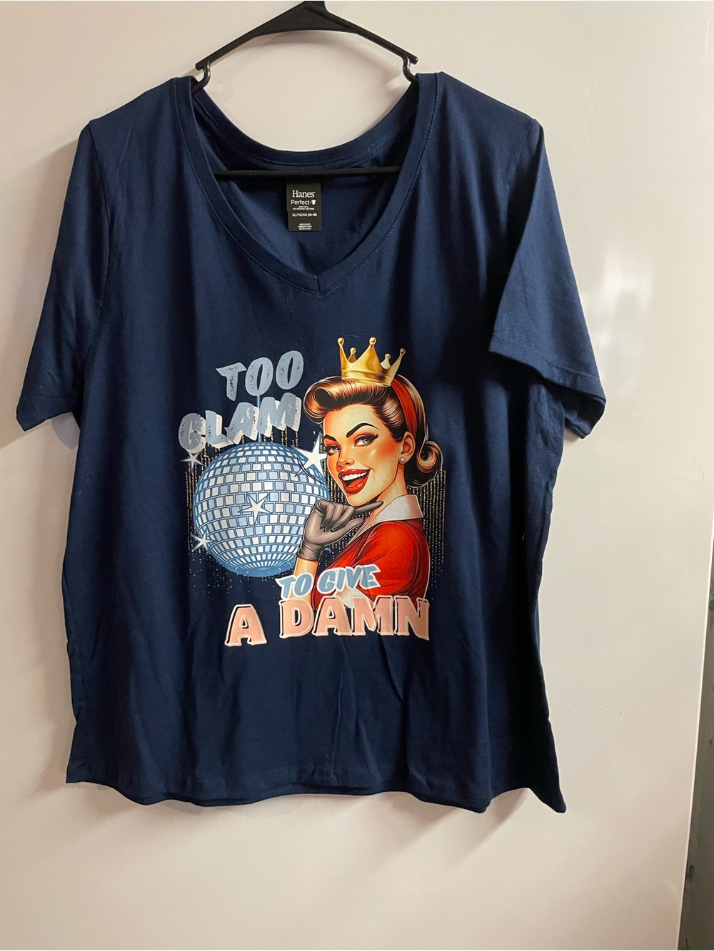 Hanes Navy V-Neck Graphic Tee with Retro Disco Pinup